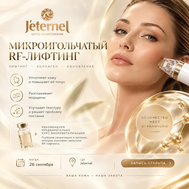 СПЕЦИАЛЬНЫЙ ДЕНЬ RF-ЛИФТИНГА
26 сентября в Jeternel

Микроигольчатый RF-лифтинг для плотной, гладкой