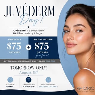 🚨 JUVÉDERM DAY IS TOMORROW! 🚨

A little reminder to mark your calendar! 💙 Starting tomorrow, Augu