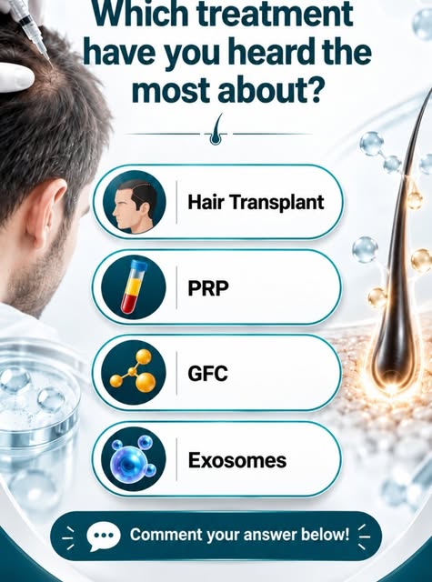 Which Hair Treatment Have You Heard the Most About? 👀

Hair Transplant, PRP, GFC, or Exosomes — whi