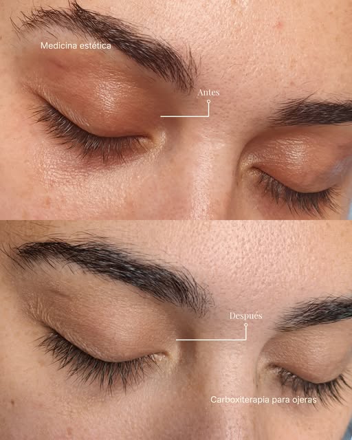 Antes y después de una paciente tratada con carboxiterapia para mejorar el aspecto de las ojeras y l
