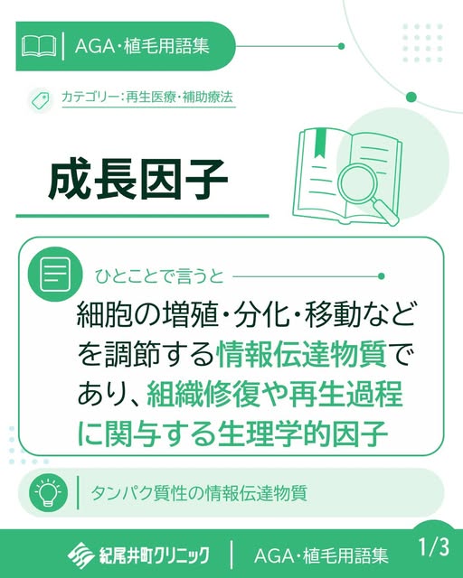 📘【植毛・AGA用語集】
成長因子とは？

成長因子は、細胞の増殖・分化・移動などを調節する情報伝達物質であり、組織修復や再生過程に関与する生理学的因子です。

血小板などから分泌され、細胞の受容体