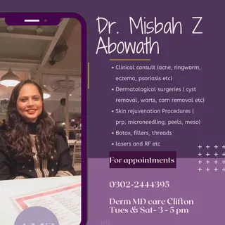 About Me: 🧑‍⚕️
Hi, I am Dr. Misbah Abowath. I have 9 years experience in medicine and dermatology. 