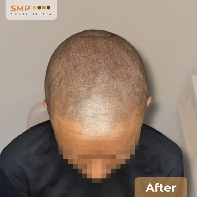 Scalp Micropigmentation was done on an African female with a severe form of traction alopecia, too a