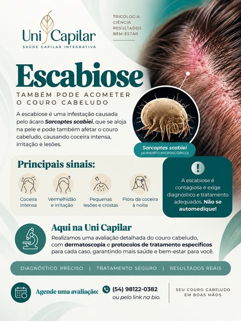 🦠 ESCABIOSE PODE AFETAR O COURO CABELUDO?

A escabiose, popularmente conhecida como sarna, é uma in