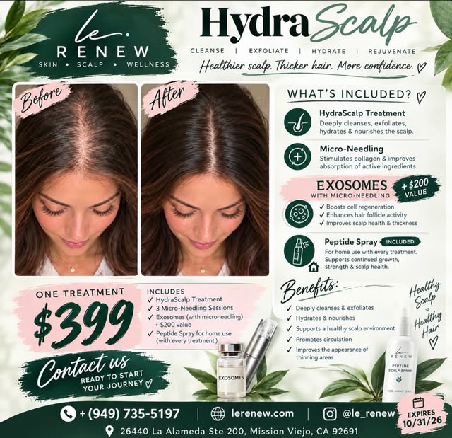 Healthy hair starts at the scalp
HydraScalp + Microneedling + Exosomes
Only $399! 

Ready for your s