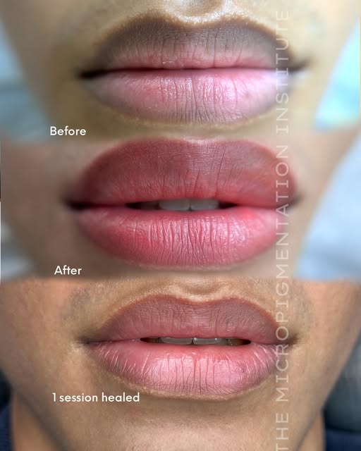 BEFORE → 1ST SESSION → HEALED
Lip neutralization is not about making dark lips instantly pink. It’s 