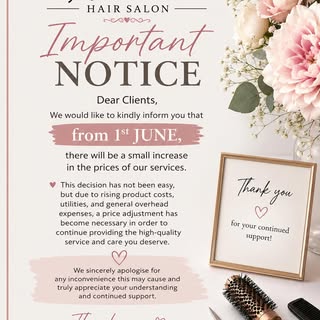 ✨ Important Notice from Ania’s Hair Salon ✨

Dear Clients,

We would like to kindly inform you that 