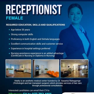 We are Hiring! 

Vitality Hair Transplant is looking for a welcoming and dedicated Female Receptioni