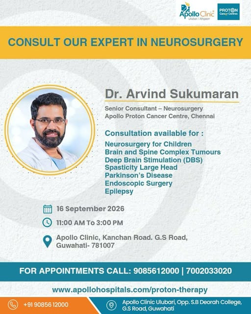 Consult an expert in neurosurgery at Apollo Clinic, Ulubari.

Dr. Arvind Sukumaran, Senior Consultan