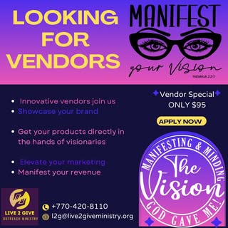 🚨VENDORS🚨

📞Calling innovative vendors to join us in making our “Manifest The Vision 👀party 🎉 a