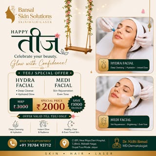 🌿 Teej Special Glow Offer 🌿

Celebrate Teej with healthy, radiant skin at Bansal Skin Solutions.

