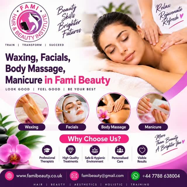 #Waxing, #Facials, #Body #Massage and #Manicure 
vtct qualifi famibeauty bodymassage 

At Fami Beaut