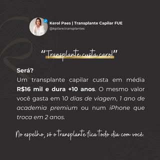 “Transplante custa caro!”💬
Será mesmo? 🤔

Um transplante capilar é investimento — não gasto.
⠀
Voc