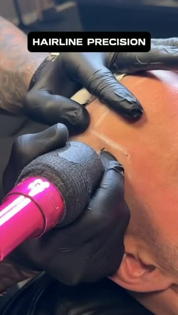 Här ser du delar av SMP processen. Scalp micropigmentation byggs upp med små pigmentintryck som anpa