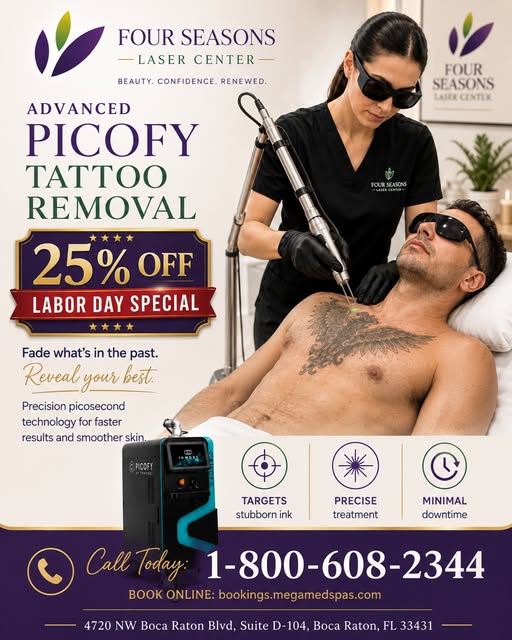 Get your tattoo removed at Four Seasons Laser Center. Now offering a Labor Day special: 25% off for 