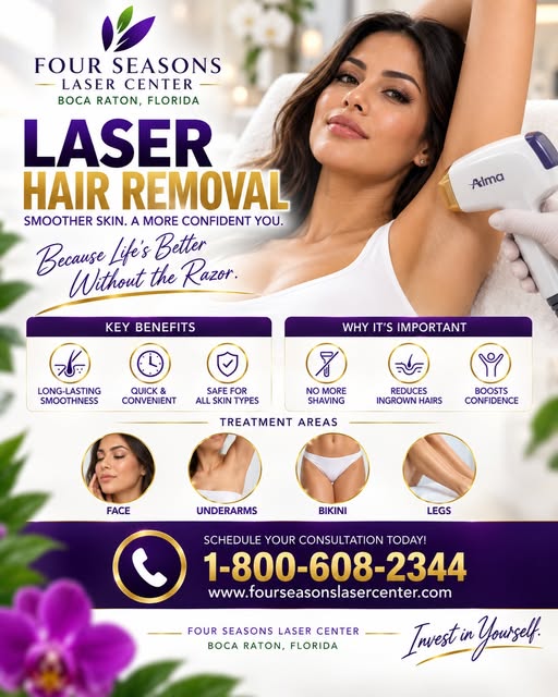 Get laser hair removal today at Four Seasons Laser Center. Call for a consultation at 1-800-608-2344